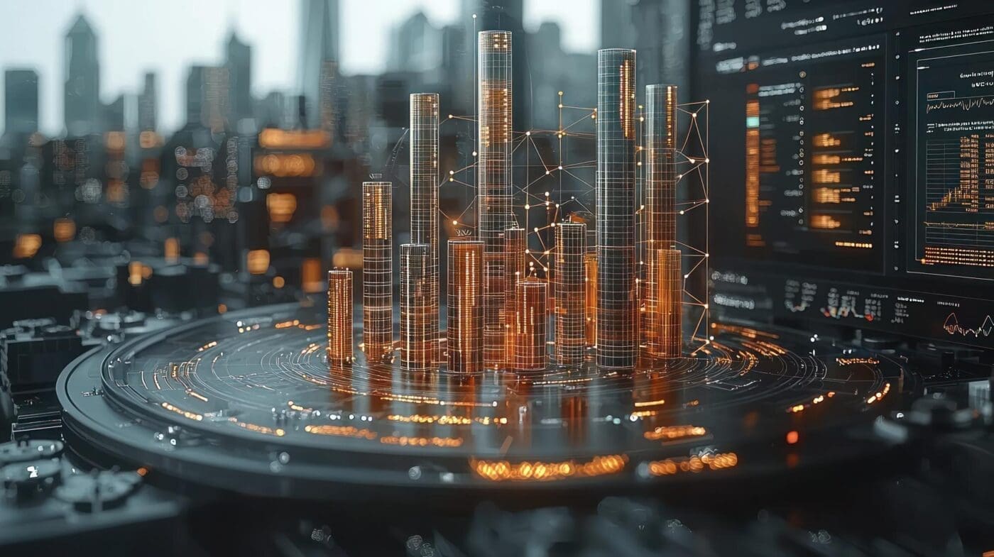 A vibrant data visualization depicts a futuristic cityscape with interconnected structures, representing urban development and technological advancement.