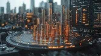A vibrant data visualization depicts a futuristic cityscape with interconnected structures, representing urban development and technological advancement.