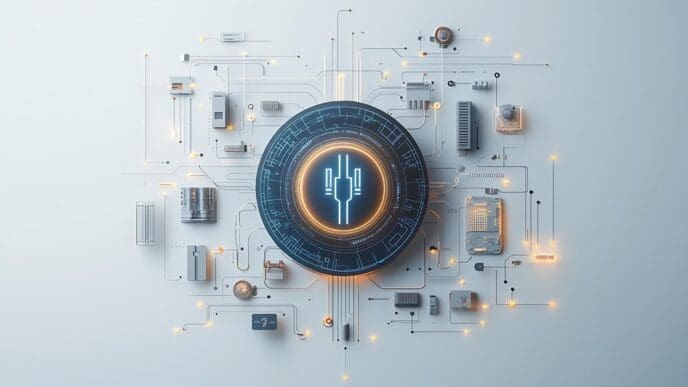Futuristic interface with a glowing central node and circuit components.