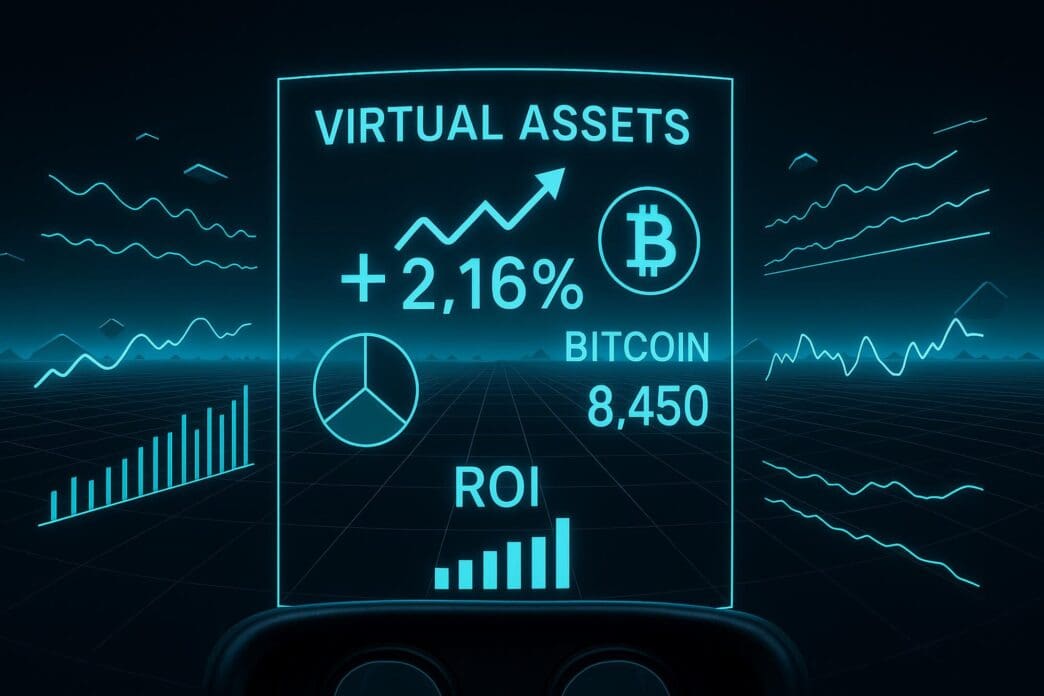 A digital dashboard displays futuristic charts and graphs illustrating the growth of Bitcoin ROI.