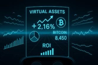A digital dashboard displays futuristic charts and graphs illustrating the growth of Bitcoin ROI.