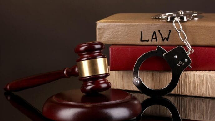 A gavel, handcuffs, and law books are isolated against a black background.