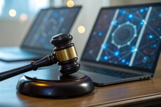 A wooden gavel rests on a sound block next to two laptop computers displaying network graphics.