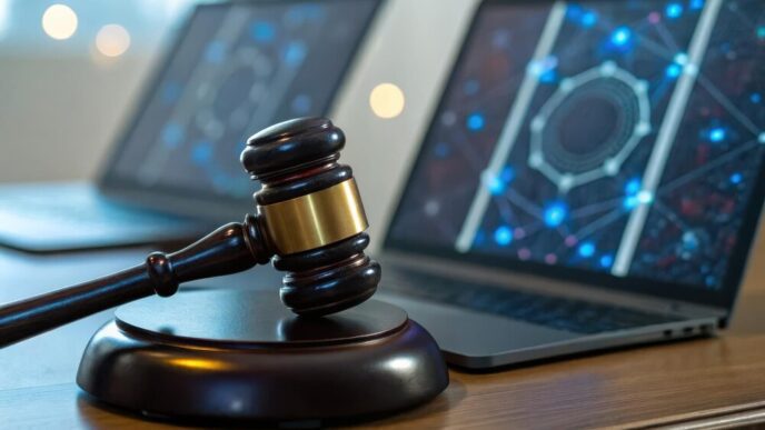 A wooden gavel rests on a sound block next to two laptop computers displaying network graphics.