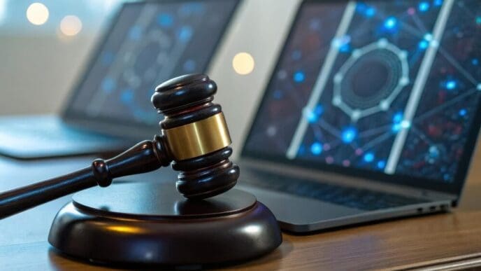 A wooden gavel rests on a sound block next to two laptop computers displaying network graphics.