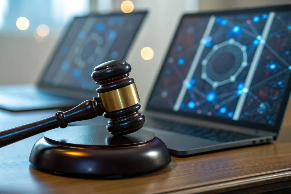 A wooden gavel rests on a sound block next to two laptop computers displaying network graphics.