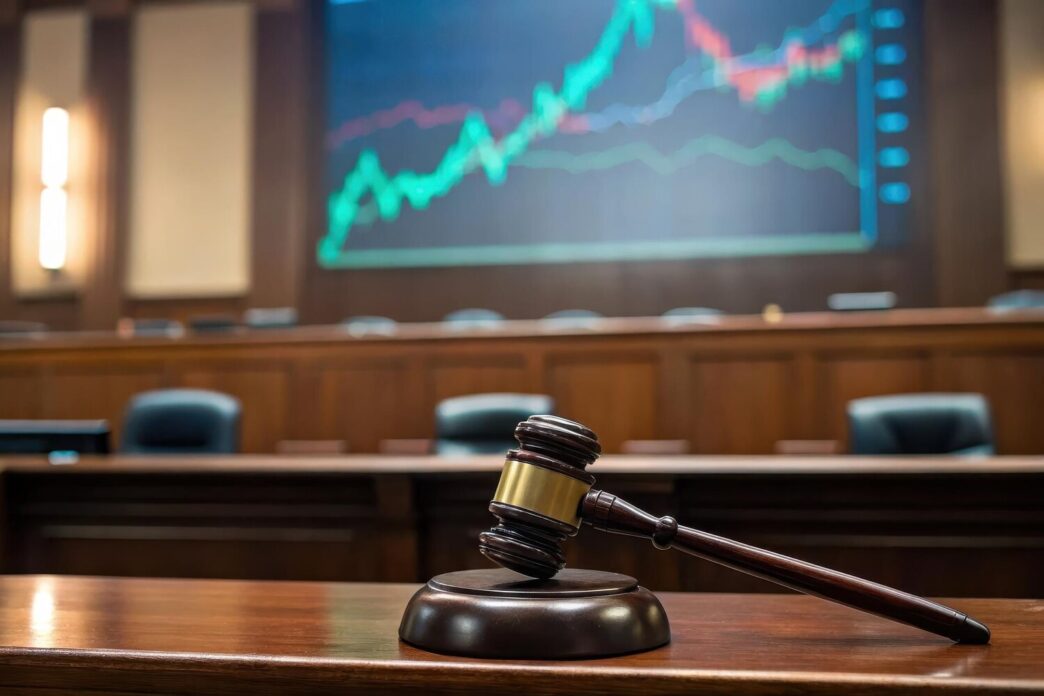 A gavel rests on a wooden desk in front of a stock market graph displayed in a courtroom.