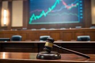 A gavel rests on a wooden desk in front of a stock market graph displayed in a courtroom.