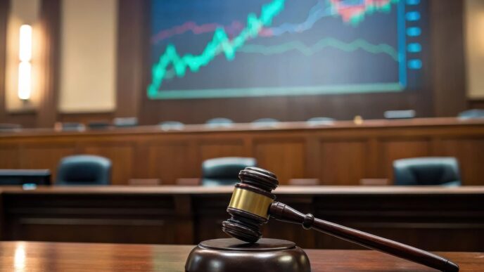 A gavel rests on a wooden desk in front of a stock market graph displayed in a courtroom.