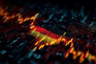 A futuristic cityscape with glowing skyscrapers and holographic displays represents Germany's financial market.