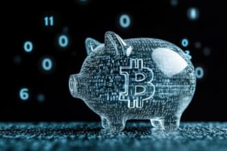 A glass piggy bank filled with digital coins and overlaid with binary numbers sits against a black background.