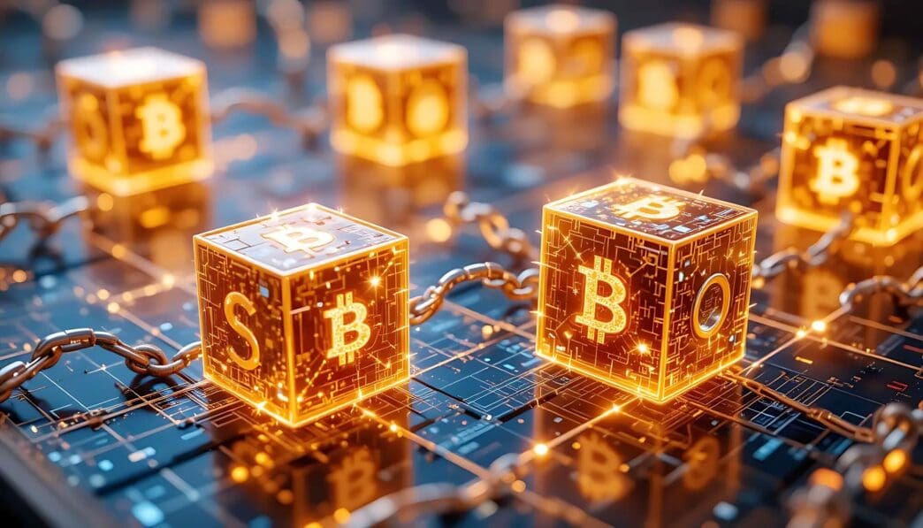 Glowing blue cubes representing Bitcoin are linked by chains, illustrating blockchain technology.