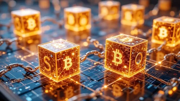 Glowing blue cubes representing Bitcoin are linked together by chains, symbolizing blockchain technology.
