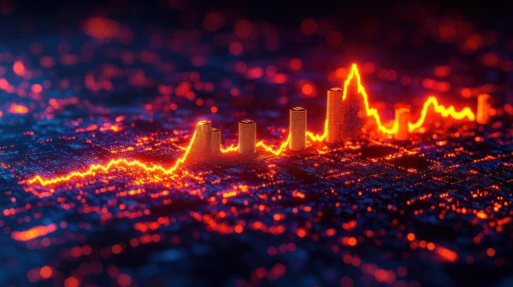 A glowing graph ascends above a dark cityscape.