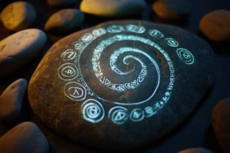 A glowing spiral symbol is set on dark stones, creating a mystical atmosphere.
