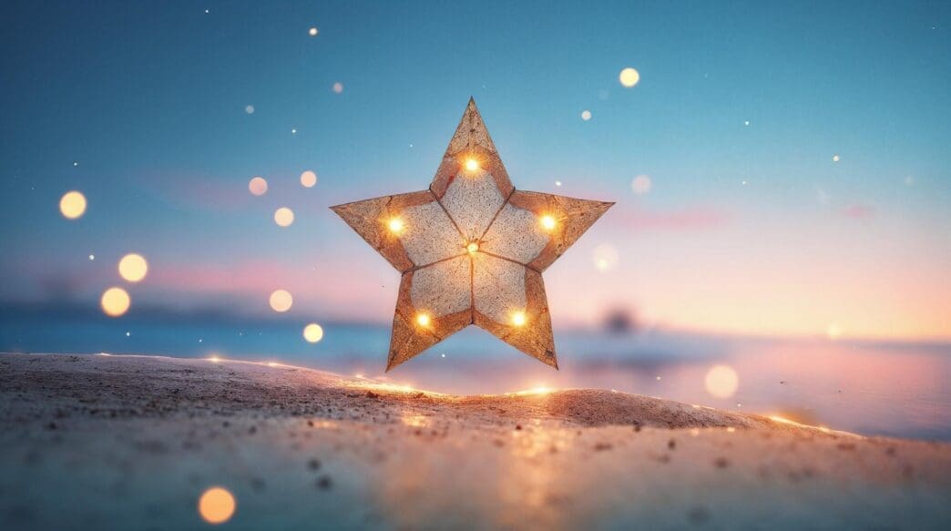 A bright star glows against a hazy, colorful sunset.
