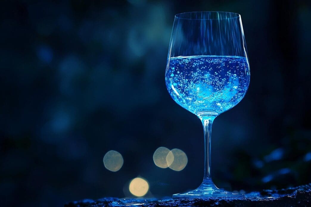 A wine glass glows with a vibrant blue liquid.