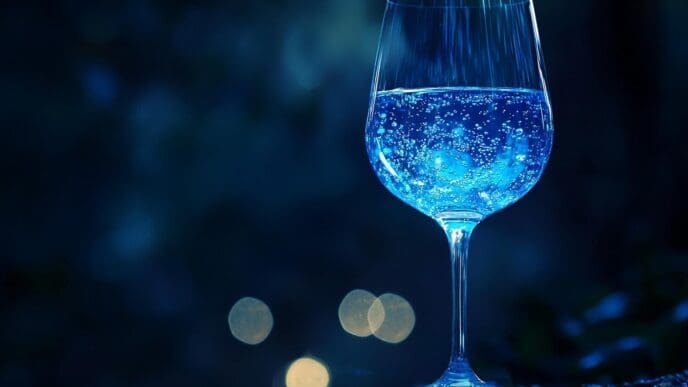 A wine glass glows with a vibrant blue liquid.