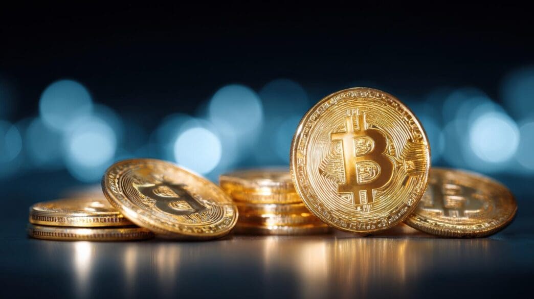 Gold Bitcoin coins are displayed on a digital background with futuristic glowing blue lights and high contrast.