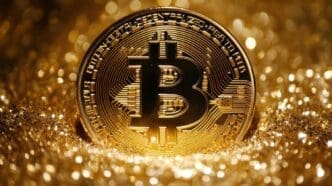 Gold Bitcoin coin on a shimmering, reflective background.