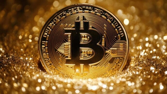 Gold Bitcoin coin on a shimmering, reflective background.
