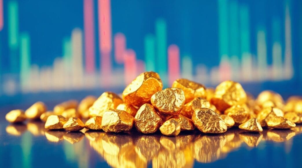 Gold nuggets displayed in front of a stock market chart.