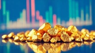 Gold nuggets displayed in front of a stock market chart.