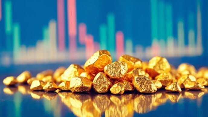 Gold nuggets displayed in front of a stock market chart.