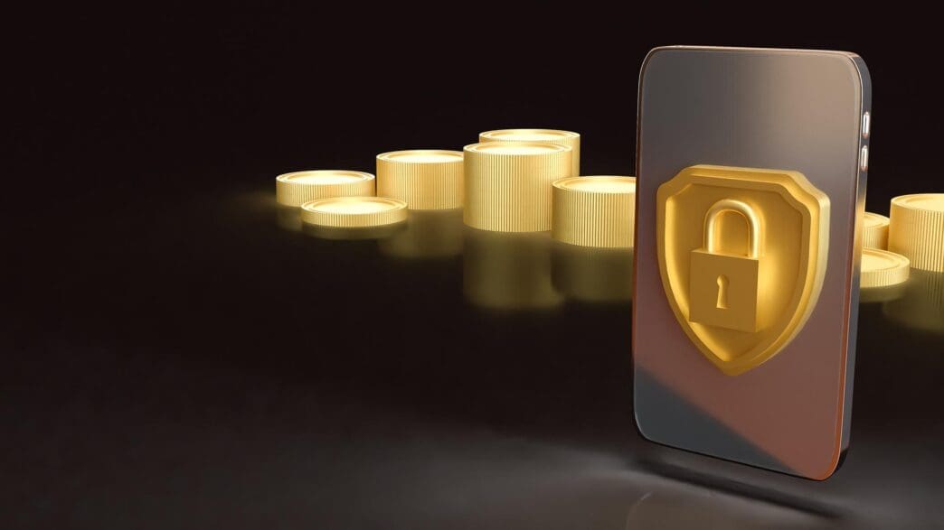 A gold shield and a mobile phone are rendered in 3D, representing a security concept.