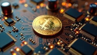 Golden bitcoin coin on a circuit board, representing digital currency and crypto exchange.