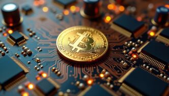 Golden bitcoin coin resting on a circuit board, illustrating the concept of digital currency and crypto exchange.