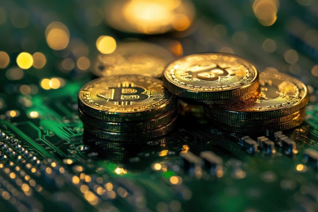 A stack of golden Bitcoin coins represents digital currency and financial assets.