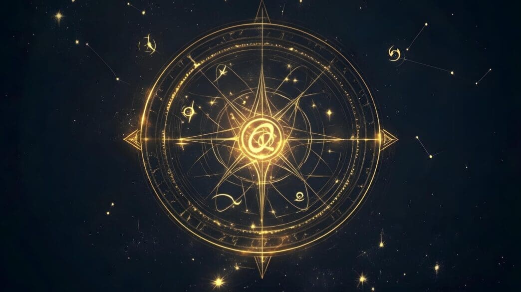 A golden compass with celestial constellations in the background.