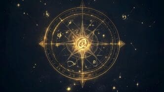 A golden compass with celestial constellations in the background.
