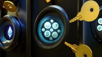 Golden keys unlocking digital vaults displaying cryptocurrency symbols, representing secure corporate crypto assets.