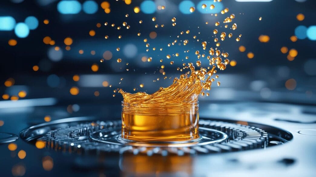 Golden liquid splashing across a reflective, tech-inspired surface.