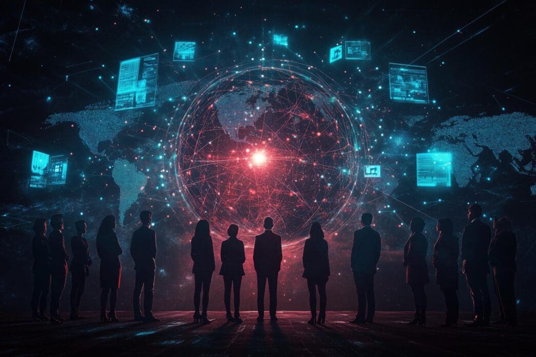 A diverse group of business people stands together, facing the viewer.