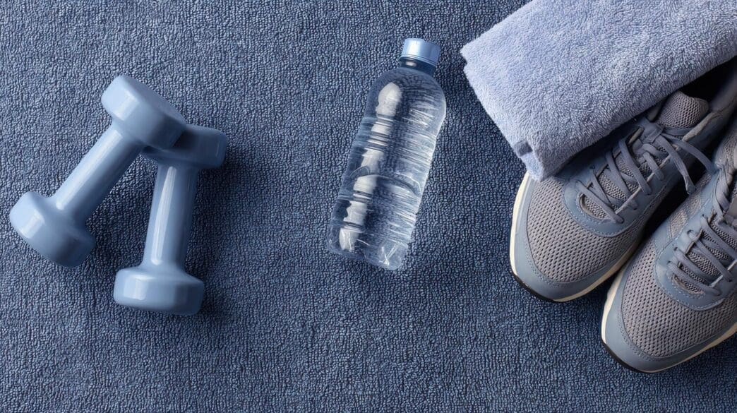 A gray mat displays various gym essentials, such as weights and water bottles.