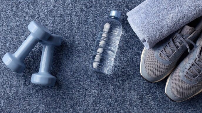 A gray mat displays various gym essentials, such as weights and water bottles.