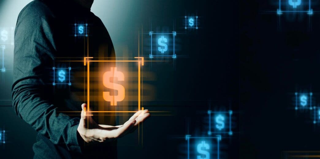 A businessman's hand interacts with a holographic projection of financial data, representing technology and artificial intelligence.