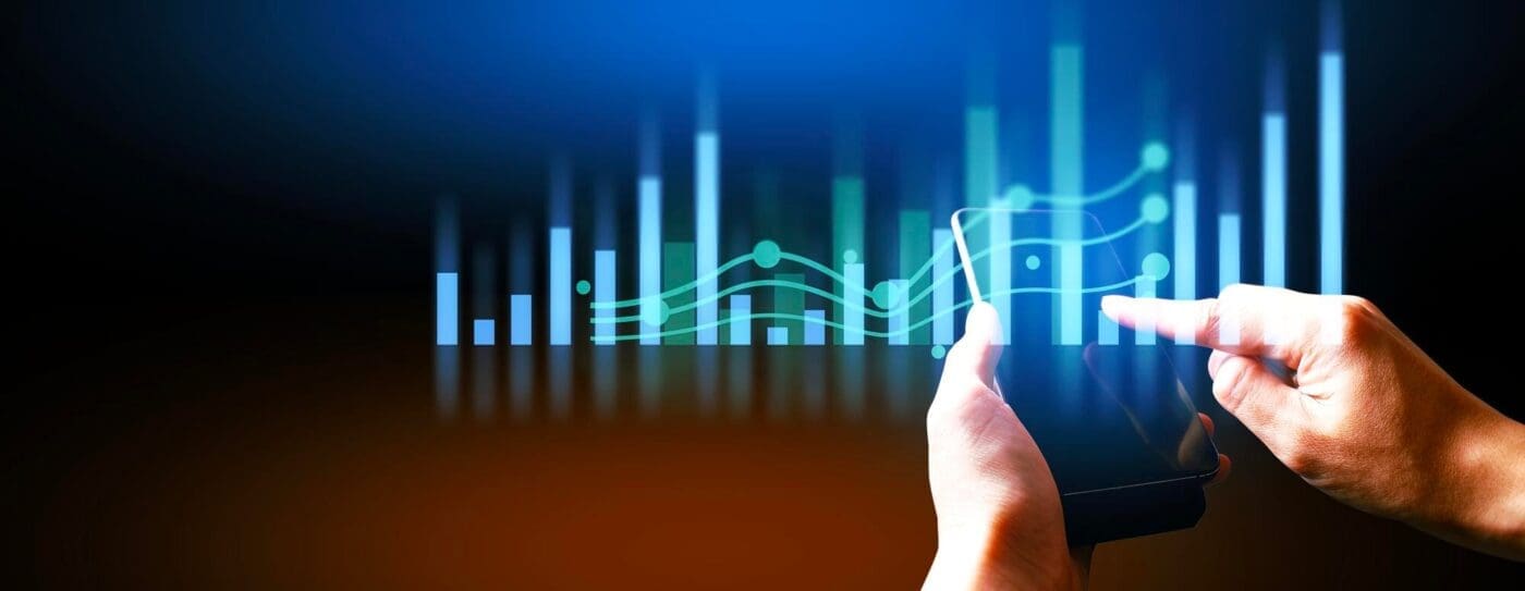 A businessman's hand interacts with a holographic financial data network, representing technology and artificial intelligence.