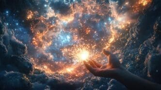A hand cradles a vibrant nebula filled with swirling cosmic energy and sparkling stars.