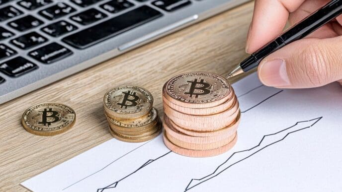 A hand holds a pen near Bitcoin coins and a financial chart on a table.