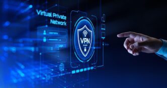 Hand touching a virtual screen displaying a VPN connection icon, representing the concept of a virtual private network.