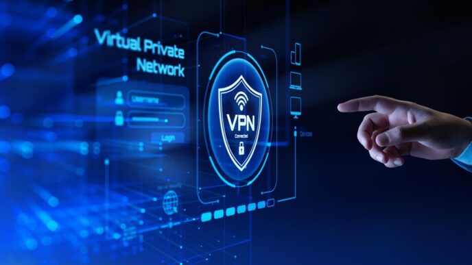 Hand touching a virtual screen displaying a VPN connection icon, representing the concept of a virtual private network.