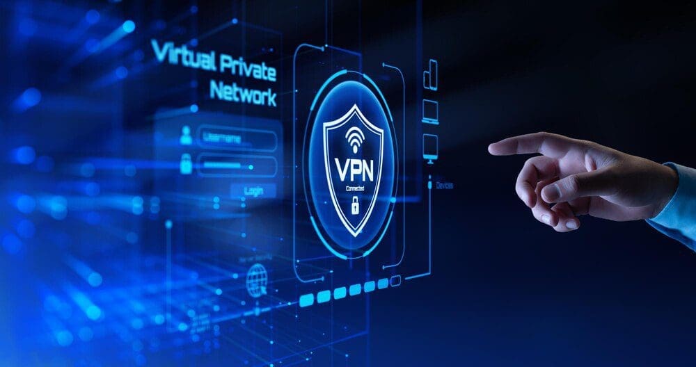 Hand touching a virtual screen displaying a VPN connection icon, representing the concept of a virtual private network.