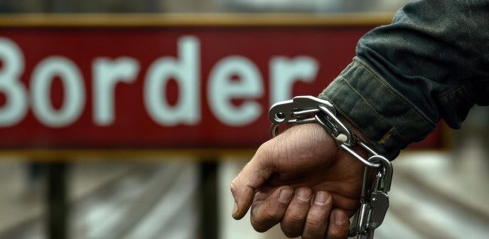 A man in handcuffs stands near a border sign in an urban area during the day.