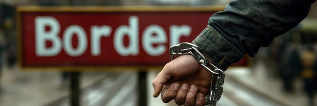 A man in handcuffs stands near a border sign in an urban area during the day.
