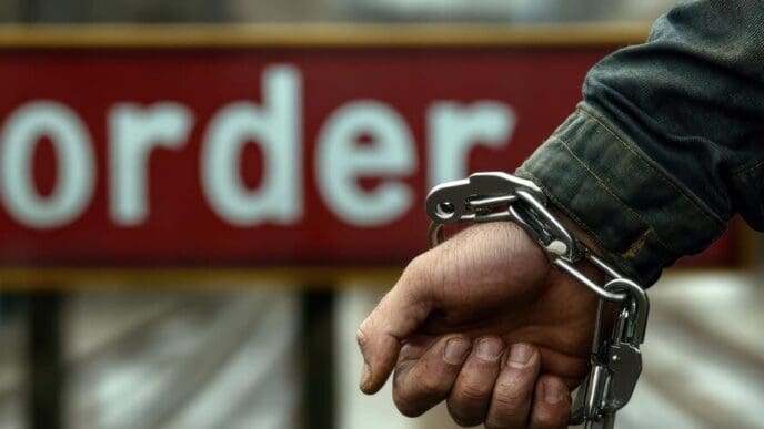 A man in handcuffs stands near a border sign in an urban area during the day.