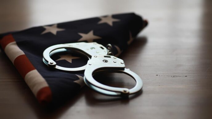 Handcuffs rest on a folded American flag, symbolizing justice, law enforcement, and patriotism.